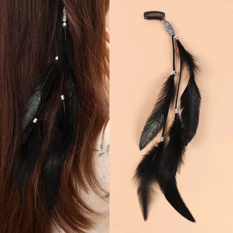 Vintage Feder-Haaraccessoire, Langes Boho-Fransen-Stirnband mit Perlen, Handgefertigte Festival-Haarspange für Frauen – Detail 3