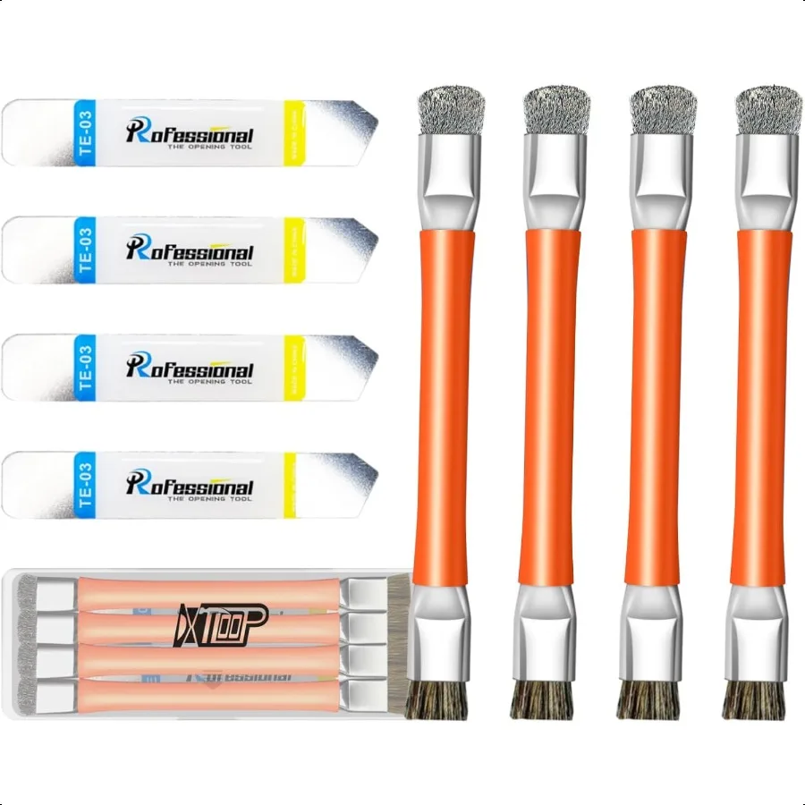 

4 щетки ESD с двусторонней головкой, 4-металлический комплект лопаток, может соответствовать простой разборке и очищать. Он используется для мобильного телефона, клавиатуры.