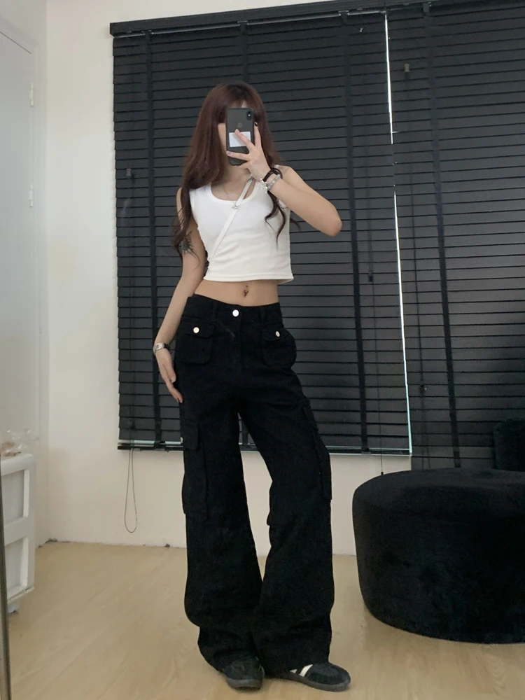 Pantalones Cargo blancos para mujer, ropa de calle estética Vintage Y2k Harajuku, pantalones de paracaídas, Pantalones anchos de cintura alta, ropa de los años 2000