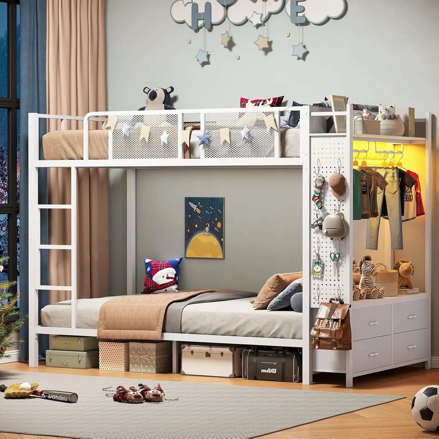 سرير مزدوج بطابقين معدني مع مساحة تخزين، LED، مخرج طاقة، درابزين وسلم، بدون صندوق زنبركي، أبيض