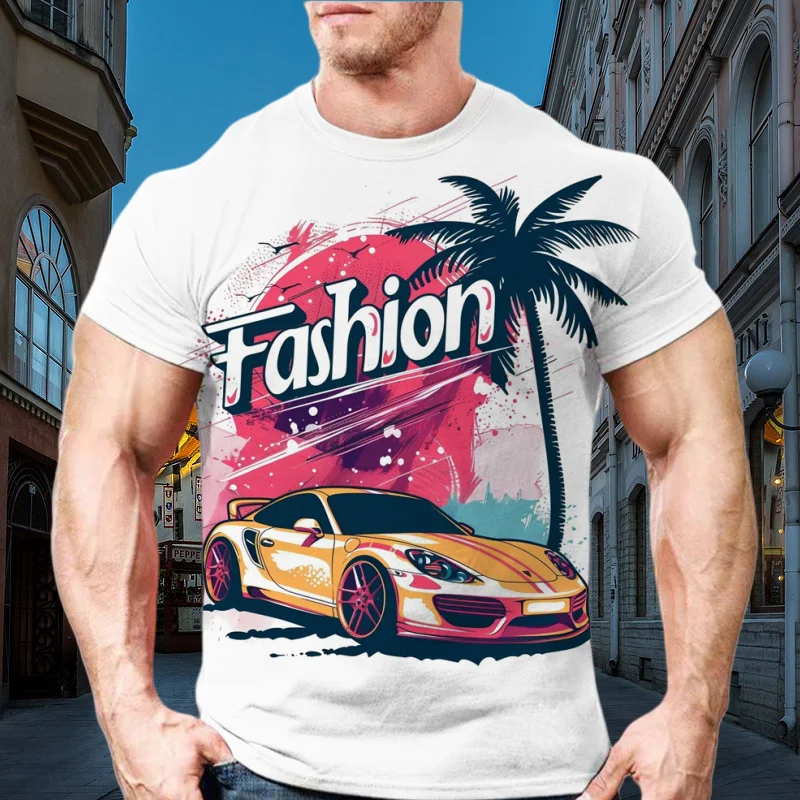 

New Summer American Sports Car 3d Printed Men's T-Shirt Street Personality Hip Hop Trend Casual O Collar Quality Creative Top