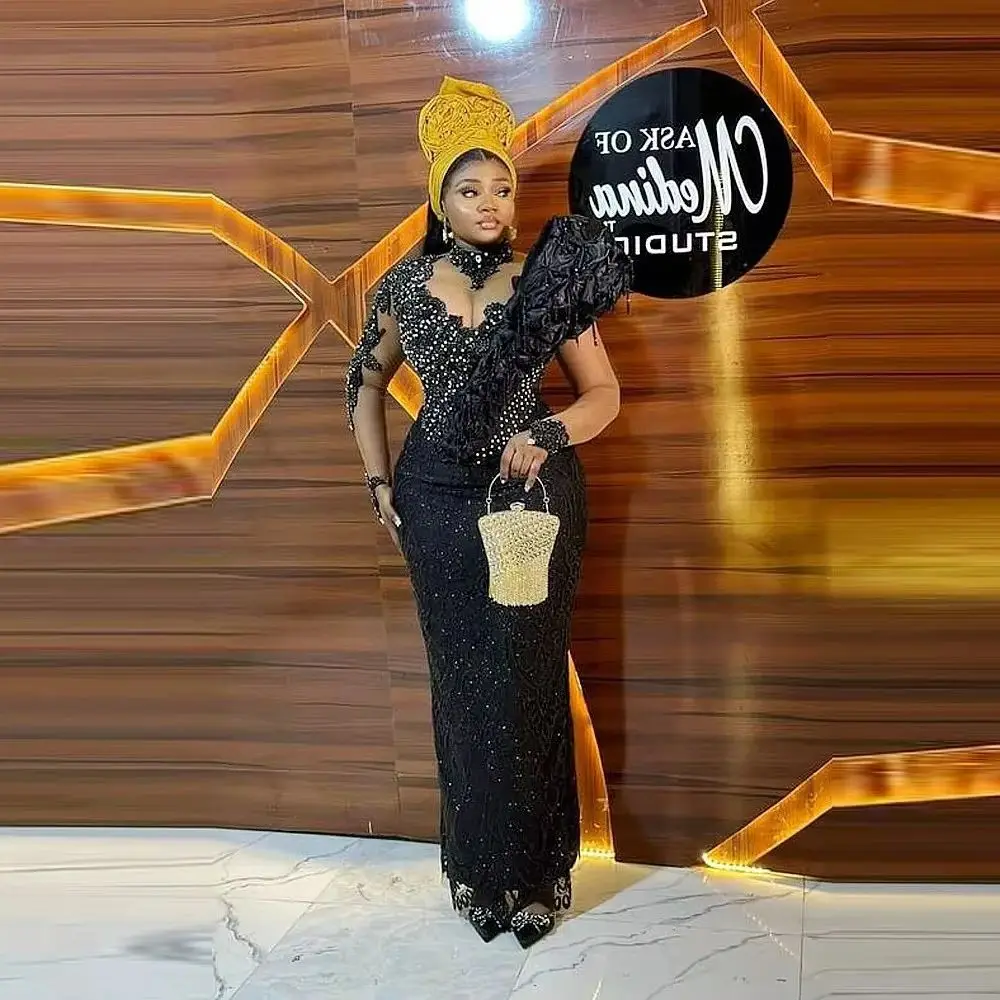 Black Elegant Evening Gown with Beads Crystals Transparent Sleeve Lace Sequin Full Sleeves Aso Ebi Prom Party Dress