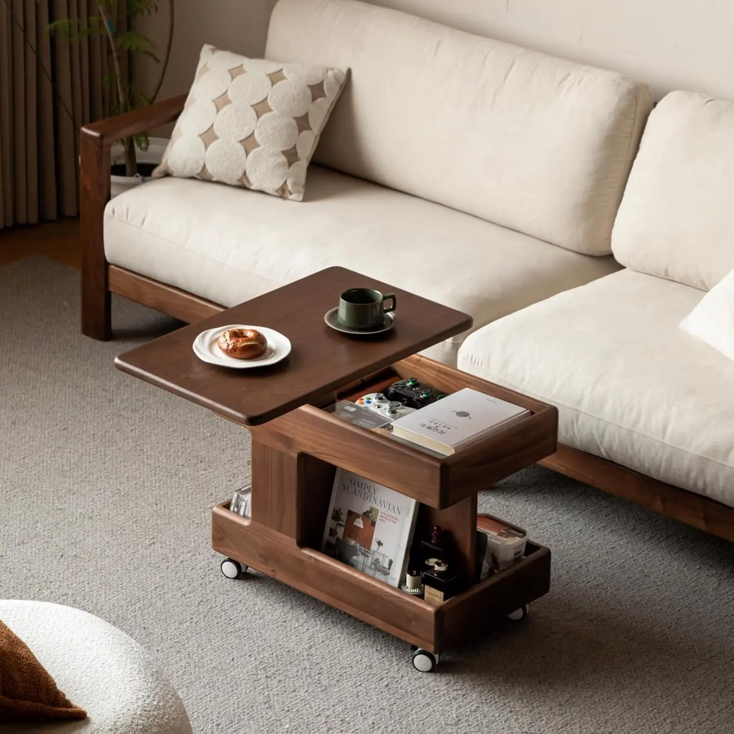 Solid Wood Lift Top End Table Swivel & Wheels, Small Sofa Side Table for Living Room & Bedroom, Fully Assembled, Customized