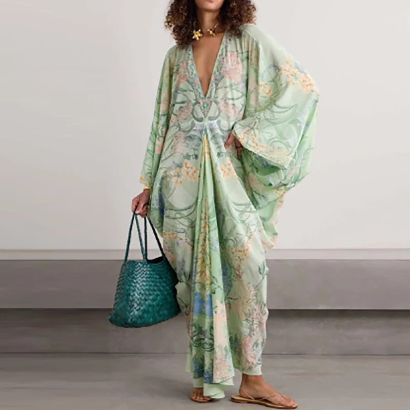 หลวมแขน Batwing Ruffles เสื้อคลุมเซ็กซี่ V คอเอวสูง Vestidos ชุดฤดูใบไม้ร่วงใหม่ซาตินพิมพ์ผู้หญิง Leisure Party ชุดยาว