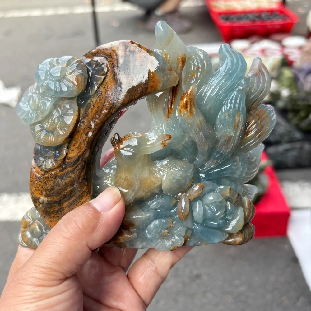 Natural Blue Onyx Crystal Raw Stone Reiki Healing Nine Tails Fox Moon Peony Gothic Hand Carved Decorative Gift for Home