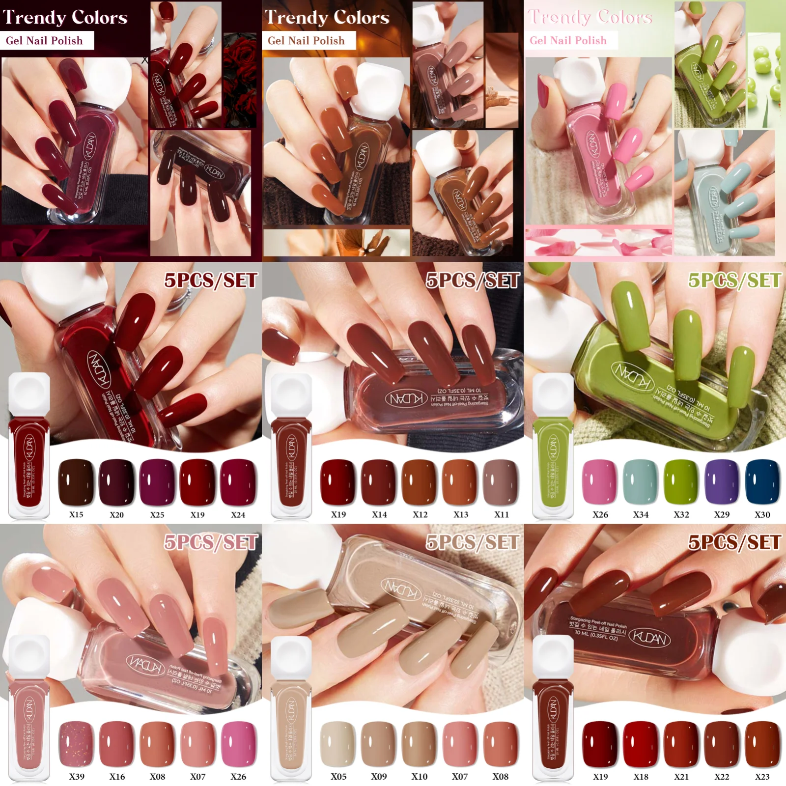 Kit de vernis à ongles à base d'eau, 5 pièces/ensemble 10ml, rouge marron, longue durée, séchage rapide, pas besoin de lampe pour guérir les fournitures pour ongles