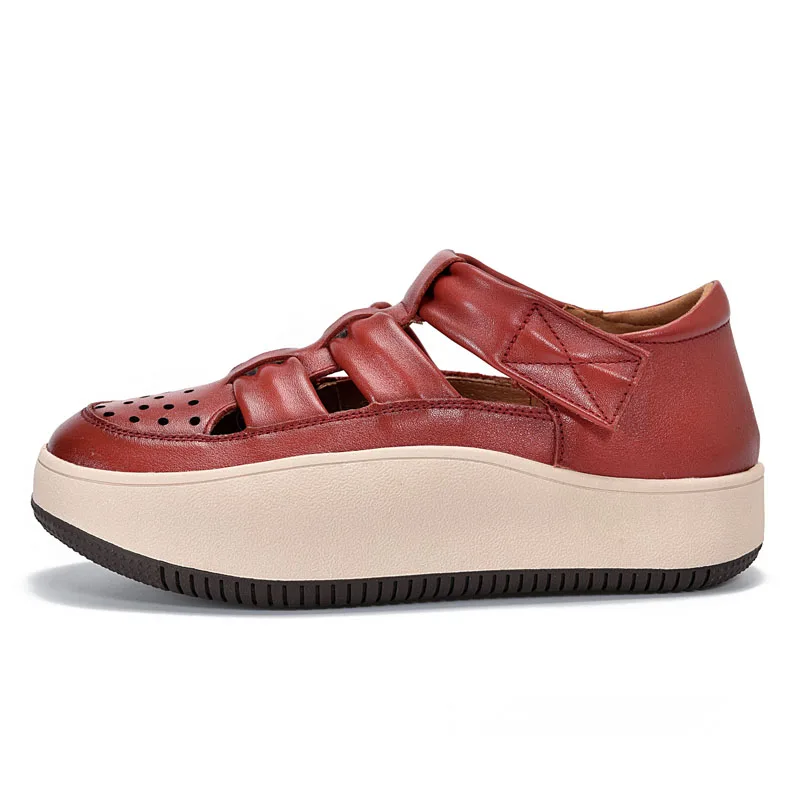 DRKANOL 2023 Women Chunky Shoes Summer Breathable Hollow Out Casual Sneakers Women New Design Genuine Leather Platform Shoes Red