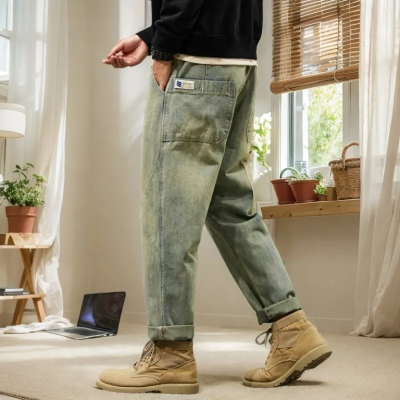

2025 Autumn Winter New Retro Commuter Jeans Large Pocket Patchwork Design Loose Straight Men's Casual Long Pants Harem Pants