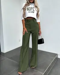 Autumn Crop Top With Wide Leg Pants Two Piece Set For Women Casual Print Half Sleeve T Shirt Suit Elegant Ladies White Sets