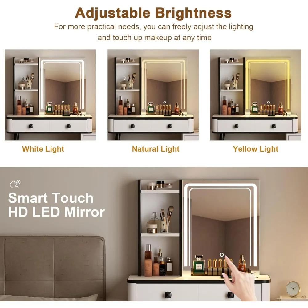 مجموعة مكتب Soges Vanity، مرآة وأضواء LED للمكياج المدمج، مقعد مبطن، طاولة تزيين مع خزانة تخزين، Stora #3