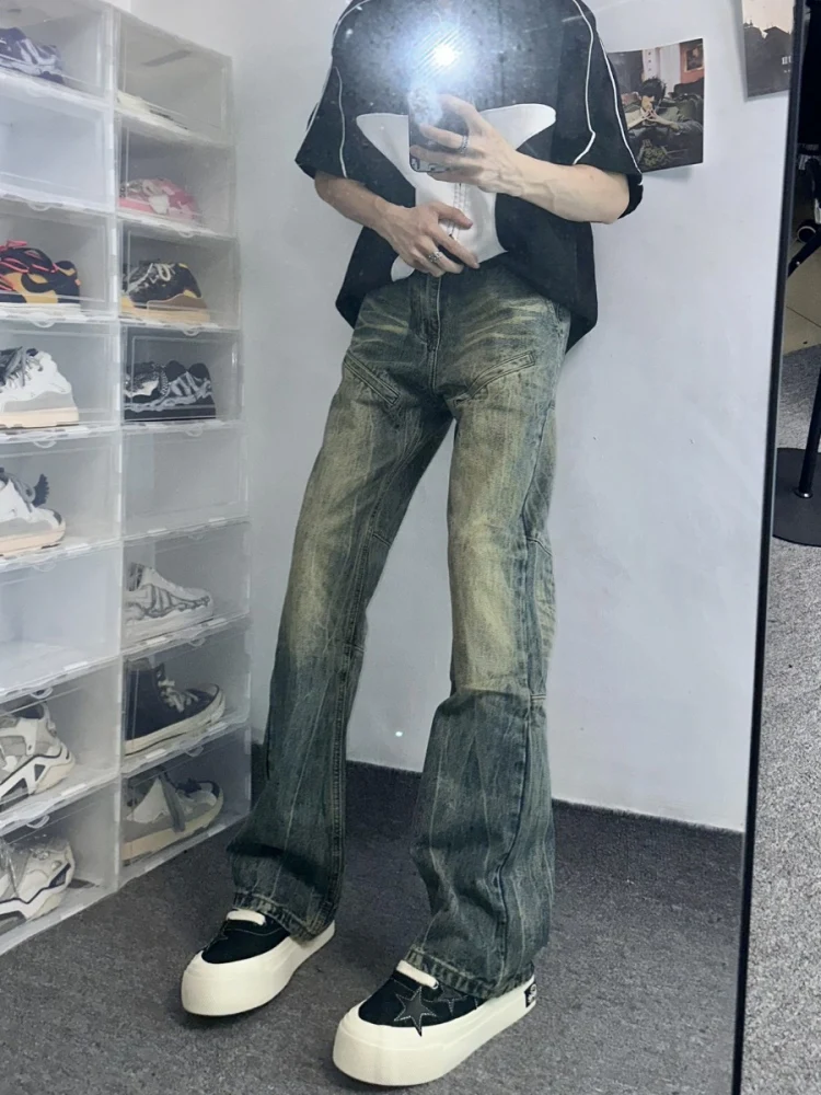 

Retro American Washed Straight Leg Jeans Casual Spliced Loose Fit Jeans Bell Bottoms Trendy Brand Youth Popular Long Pants
