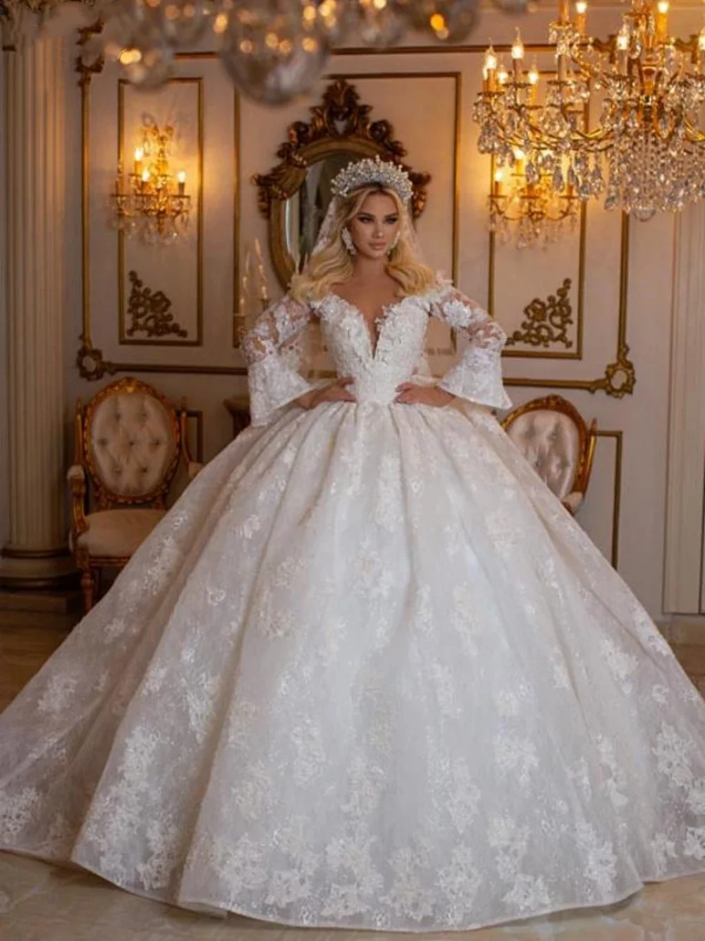 Vestido De Novia De lujo con cuello en V profundo, traje De Novia De encaje con lentejuelas, elegante, personalizado, Dubái, 2024