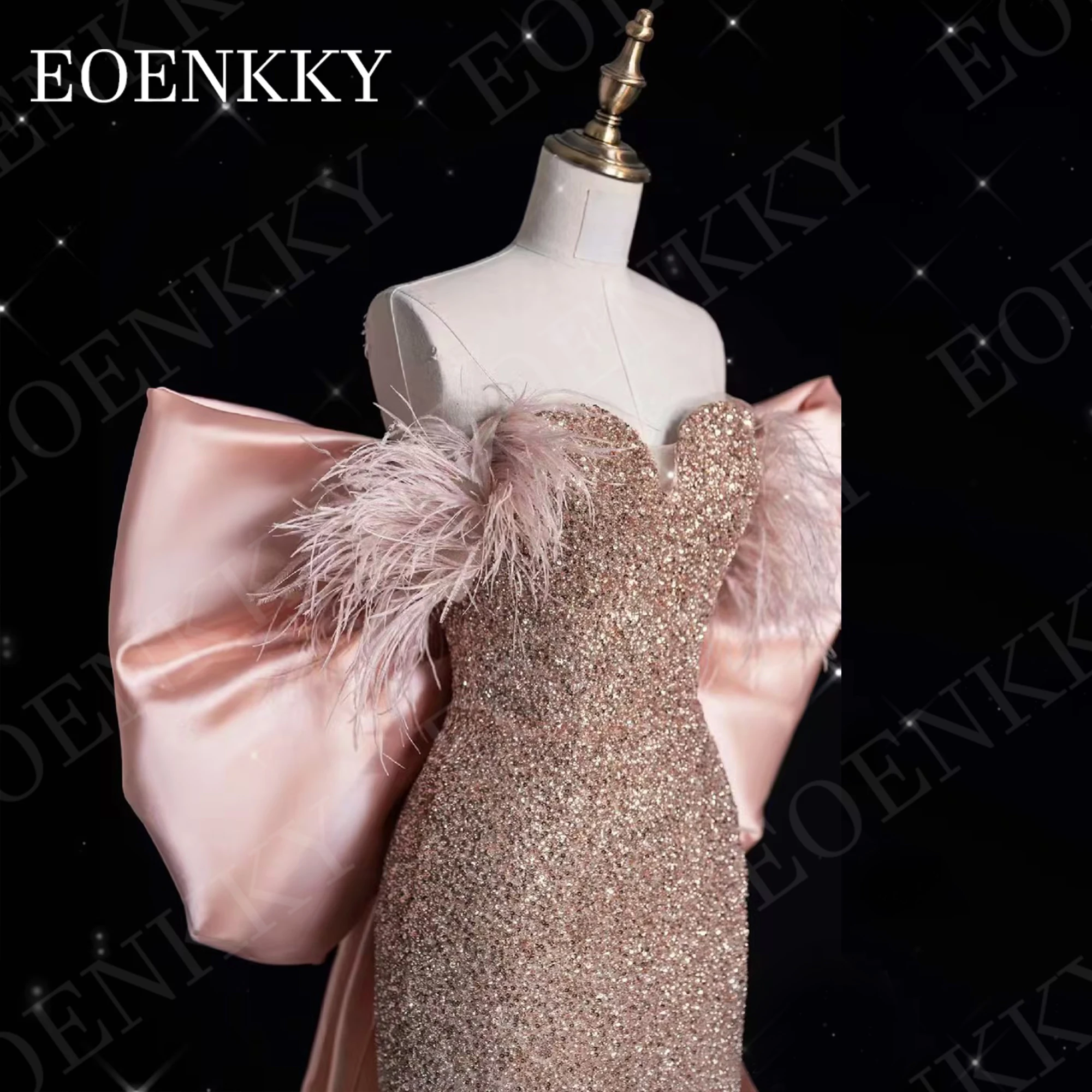 EOENKKY Luxury Mermaid Evening Dress Sparkly Sequins Feathers Off Shoulder Special Occasion Dresses Split Detachable Bow Train