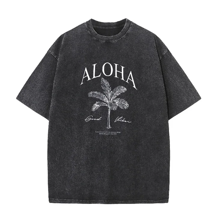 

Men Washed Black ALOHA Palm Tree Print T-shirt Summer Casual Round Neck Short Sleeve Tee Hawaiian Beach Vacation Streetwear Tops