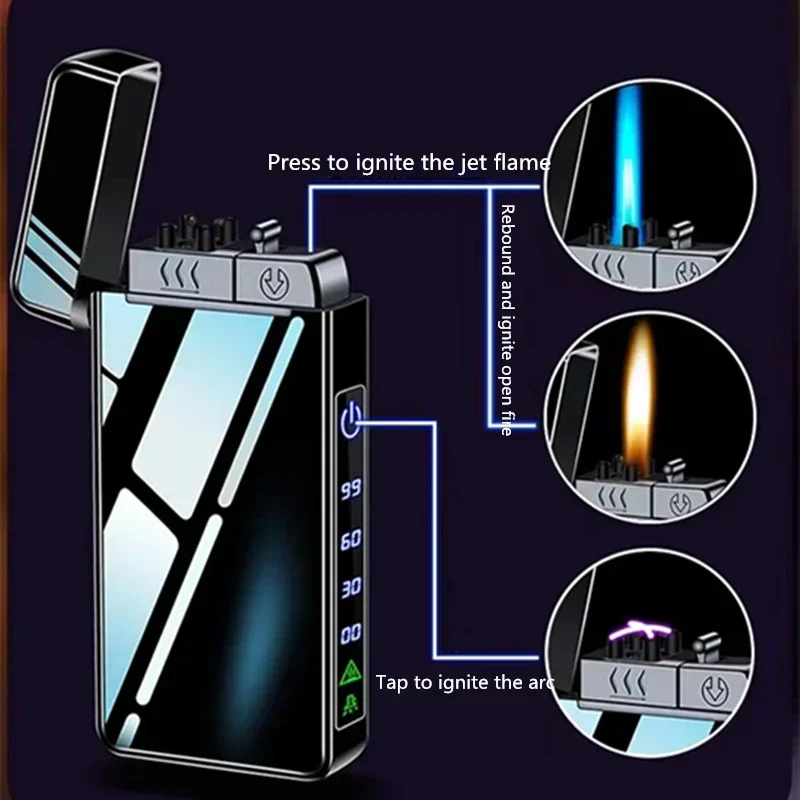 2024 New Metal USB Windproof Lighter Torch Jet Dual Arc Cigar Lighter Butane Gas Battery Level Display Men's Smoking Accessories