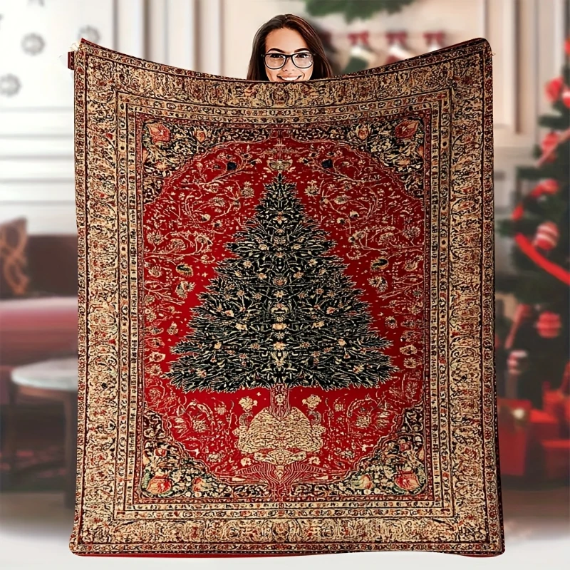 Vintage Christmas Tree Red Rug Pattern Xmas Throw Blanket,Soft Couch,Reading Nook Layer,Car Seat Cover, Home Casual Daily use
