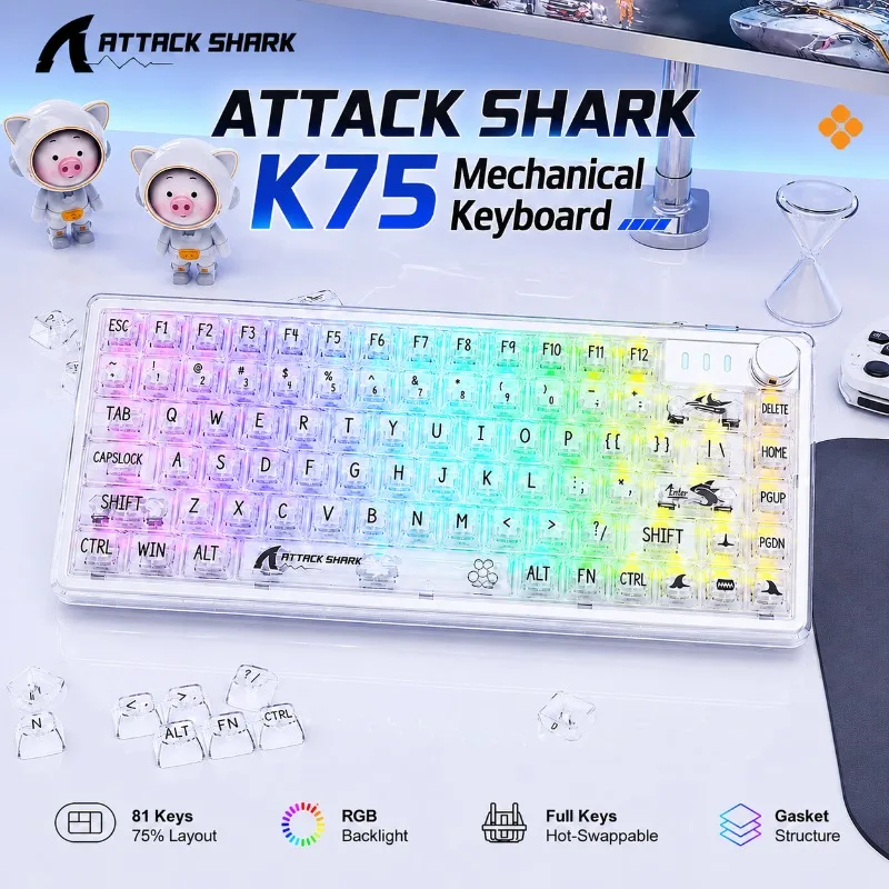 ATTACK SHARK K75 75 Percent Mechanical Keyboard 81 Key Transparent RGB Wired Hot Swappable Gasket Gaming Keyboard for PC Laptop