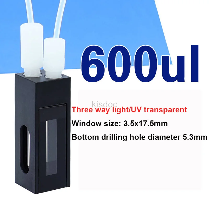 10mm Quartz Fluorescence Flow Cuvette 600ul 3-Way Light UV Transparent 5.3mm Bottom Drilled Thread Port Spectroscopy Lab Cell