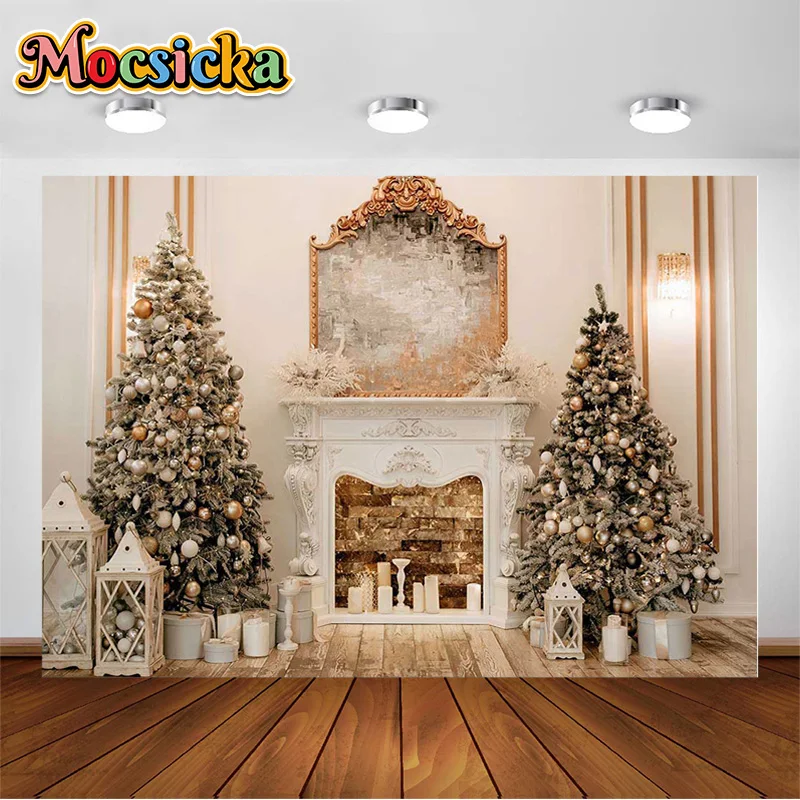 

Winter Christmas Fireplace Background Gifts Christmas Tree Home Party Studio Xmas Photography Banner Supplies Photocall