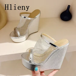 Hlieny Gold Silver Breathable Mesh Fashion Peep Toe Platform Wedges Women Slippers Design High Heels Female Sandals Shoes