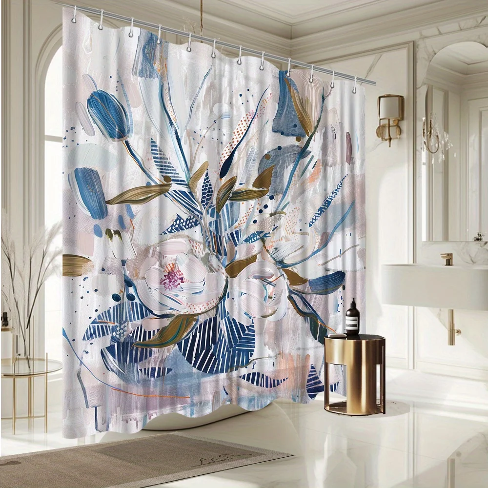 1pc Modern Abstract Floral Shower Curtain - Polyester Fabric with Earthy Tones, Fade-Resistant & Machine Washable