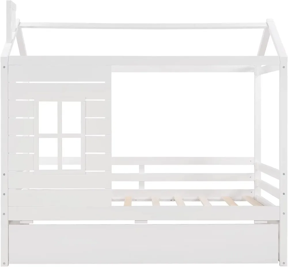 Cama de casa de tamanho duplo com rodízio de tamanho duplo, molduras de cama de madeira com janela e telhado para crianças, meninas e meninos, branco