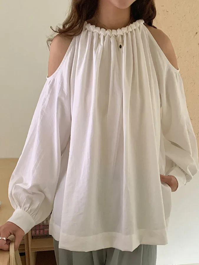 

Ele oulder Bared Long Sve irt Women's Early Autumn Faionable Ne Hanging High End Feeling Top New 2025 Trendy B...