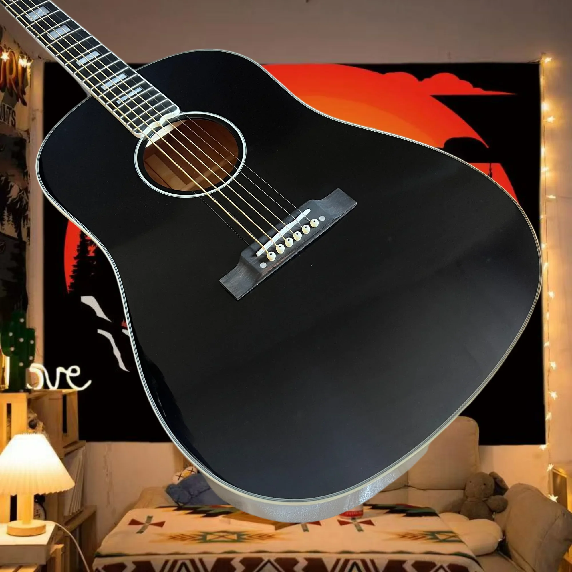 Black J45 6 Strings Guitar Solid Top Picea Asperata Body W/Bone Nut/Saddle in Black Ebony Neck Clear Sound Quality Free Delivery
