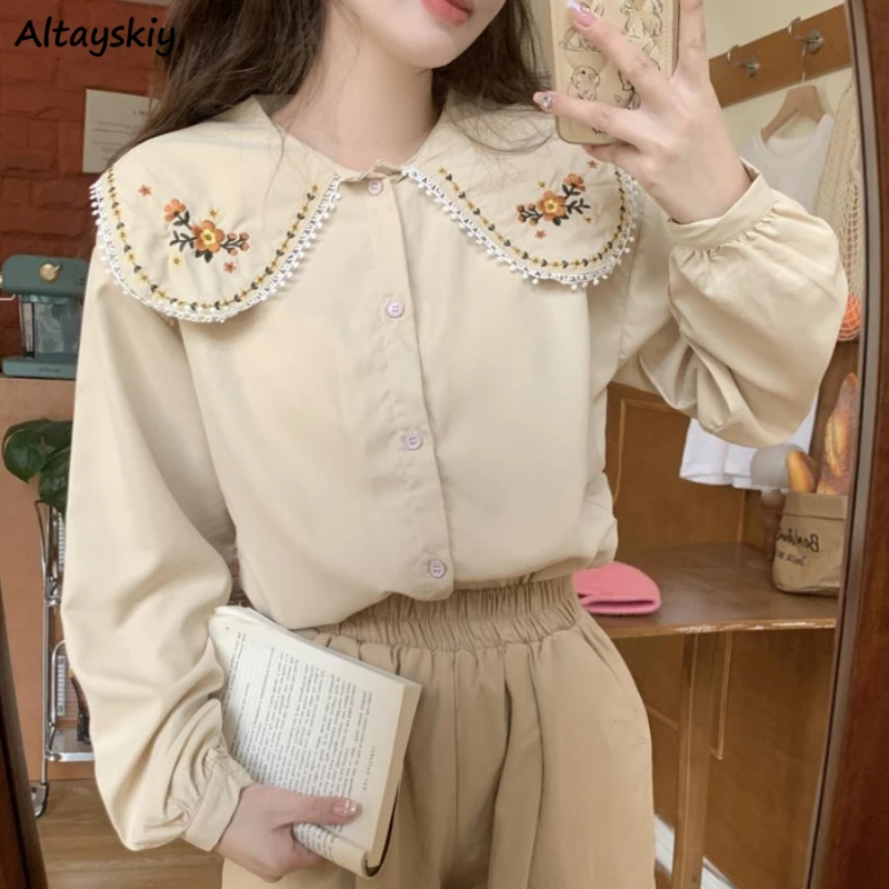 Women Shirts Long-sleeve Embroidery Age-reducing Daily Summer Baggy Tops Aesthetic Skin-friendly Faddish Versatile Hot Sale 2024