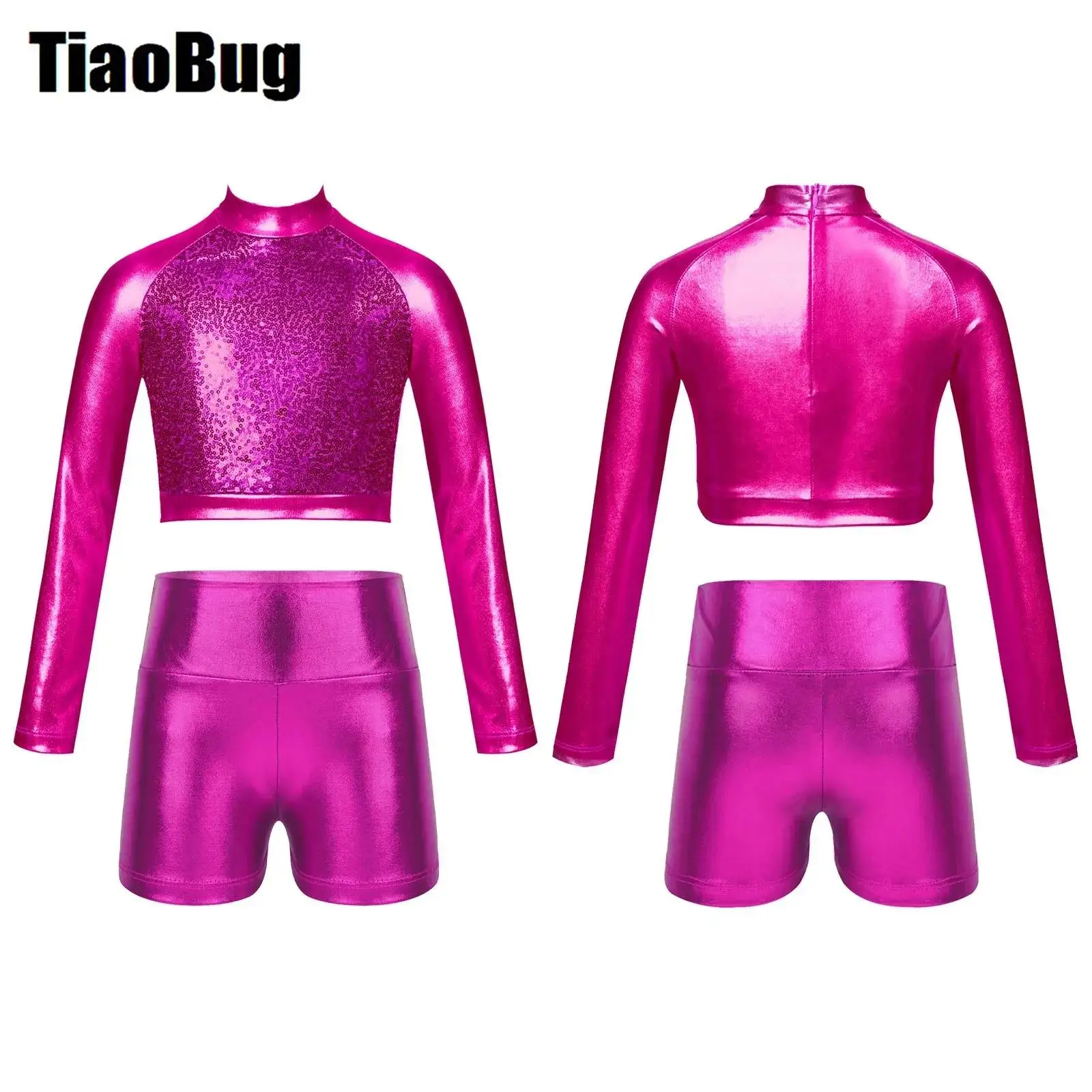 

Kids Girls Glossy Metallic Dance Outfit Long Sleeve Sequin Crop Top And High Waist Dance Shorts Activewear Suit