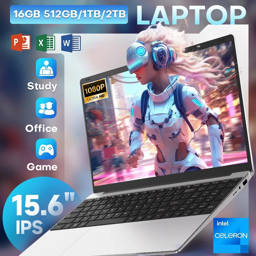 แล็ปท็อปคอมพิวเตอร์ขนาด 15.6 นิ้ว Intel Celeron N4000 โน้ตบุ๊กพีซี ปลดล็อคด้วยลายนิ้วมือ Windows 11 Pro RAM 16GB SSD 1TB ความละเอียด 1920*1080P