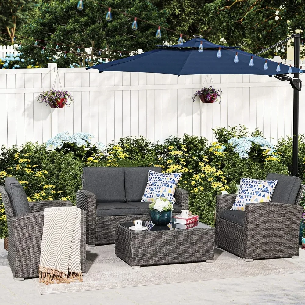 U-förmiges Patio-Gesprächs set im Freien, 4-teiliges kleines Terrassen sofa aus Pe-Rattan-Korb geflecht mit Couch tisch aus gehärtetem Glas