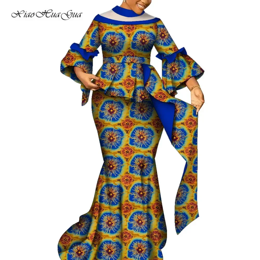 Ensemble africain deux pièces pour femmes, tenue traditionnelle Ankara Dashiki, haut à manches évasées et jupe longue, vêtements de fête WY9603