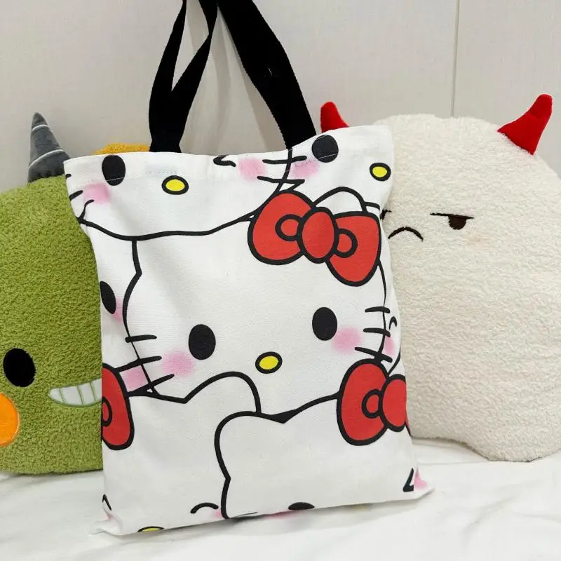 Anime Sanrio Hello Kitty Canvas Bag Zippered Student Book Large Capacity Class Tote Bag Shopping Student Girl Birthday Gifts