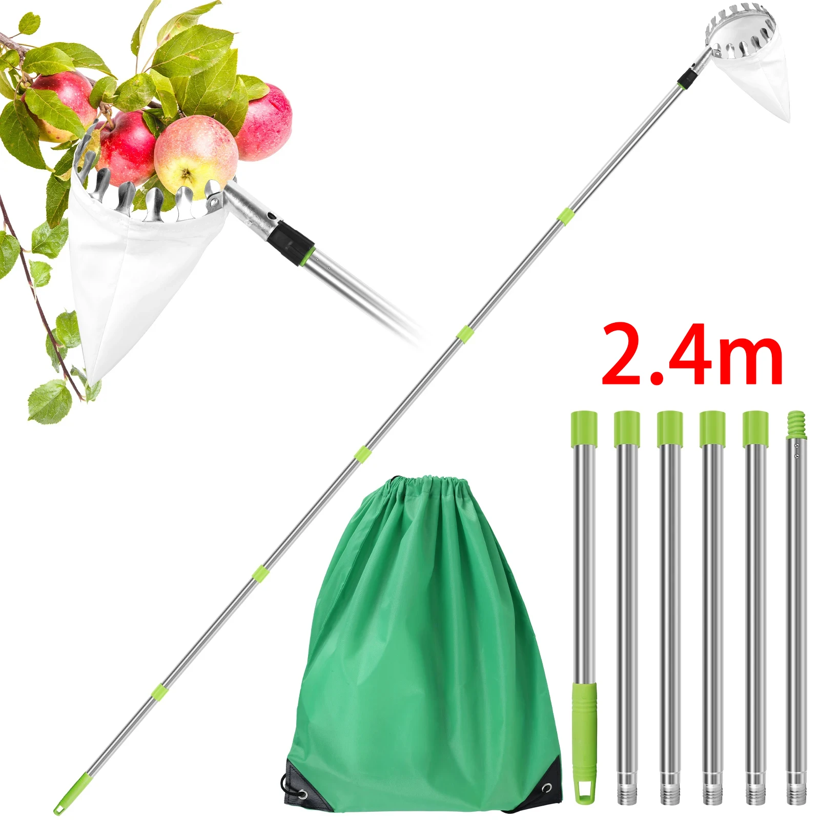 2.4m Upper air Fruit Picker Tool Expandable Storage Bag Stainless Steel Orange Tree Fruit Catcher Lightweight