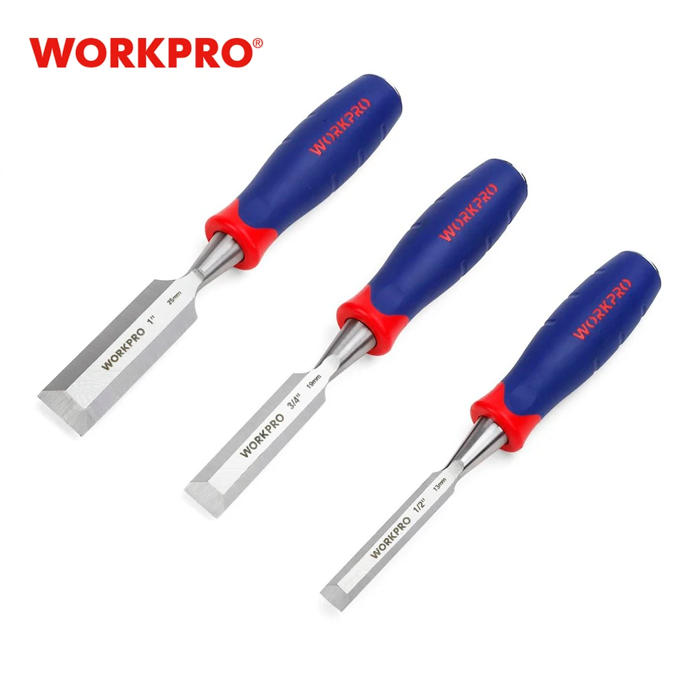 WORKPRO Wood Chisel Set 3 Pieces Wood Carving Chisels 12 mm 19 mm 25 mm Cr-V Bevel Edge Chisels with Steel Hammer End