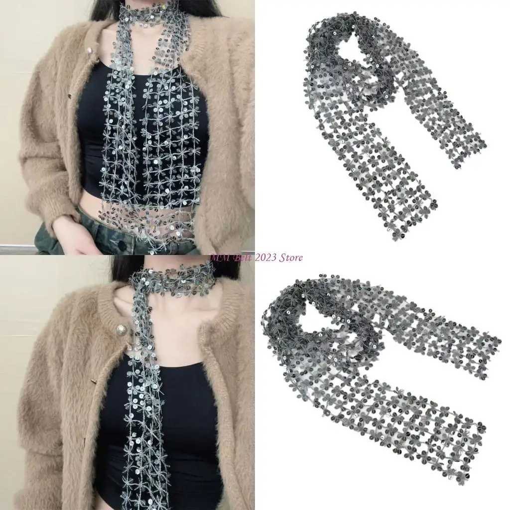 49ME Shimmering Silver Scarf Necklace For Fashion Women Comfortable  Polyester Scarf