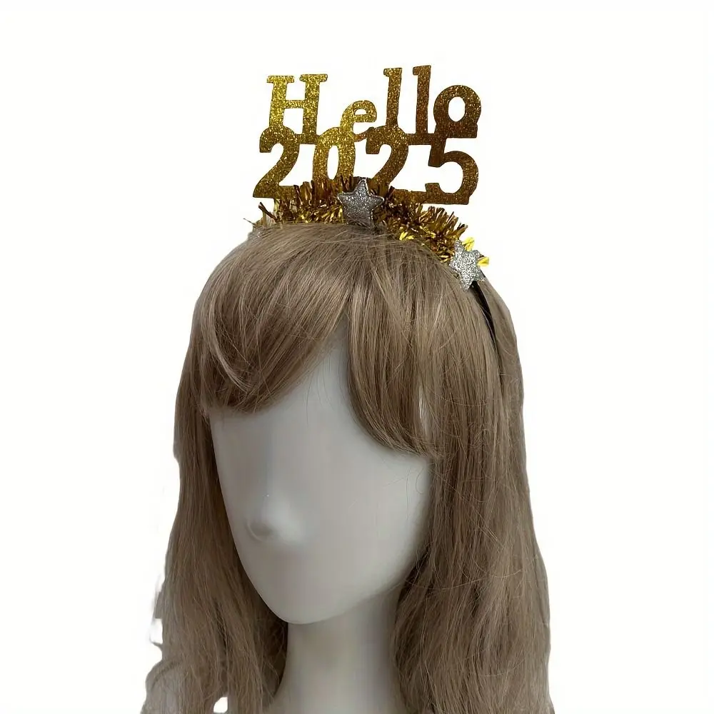 Hello 2025 Happy New Year Headband Sequin Crown New Year Decoration Headdress Star Headwear Glitter Hair Hoop Party Decoration