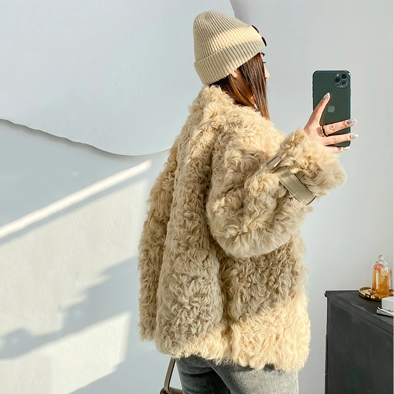 100% Real Lambs Wool Fur Coat Women Winter Jacket Real Sheep Skin Fur One Coat High Grade Wool Fur Jacket Ladies Short معطف فراء