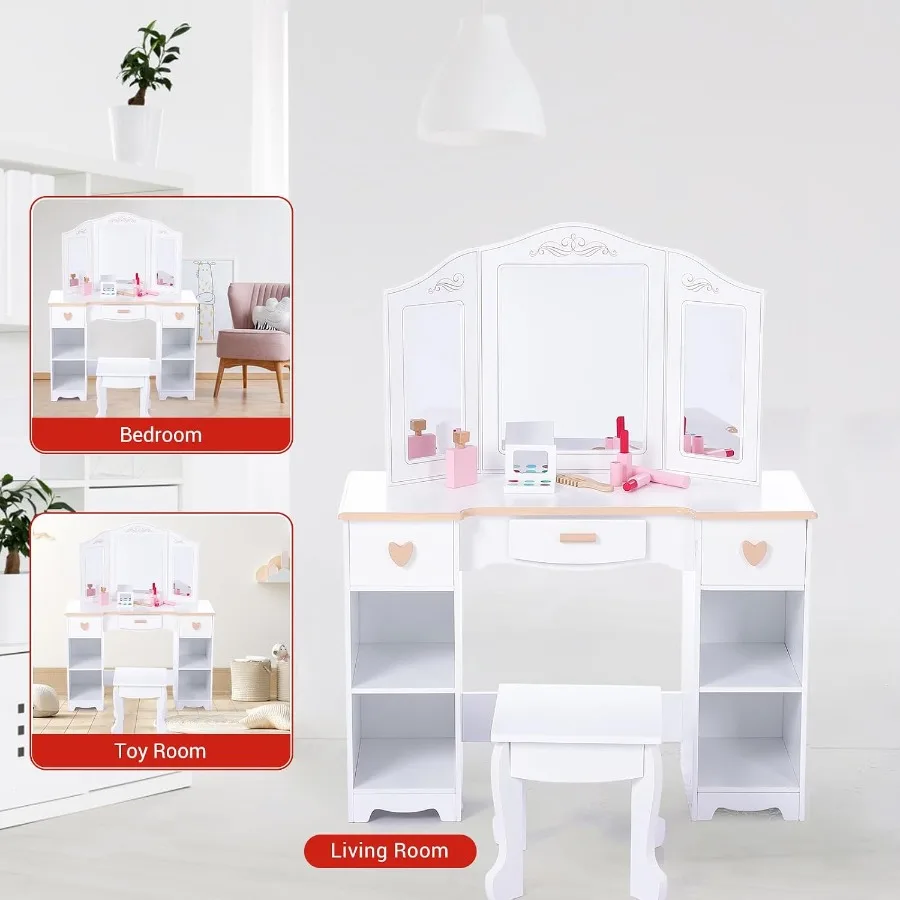 Vanity Table with Tri-Folding Mirror and Stool, Vanity Set with Mirror and Drawers for Kid Age 4-9