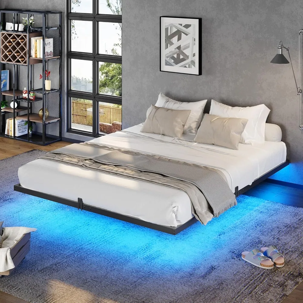 

Floating Bed Frame Full Size with LED Lights,Metal Platform Full Bed with Heavy Duty Steel Slats and 4 Mattress Slide Stopper