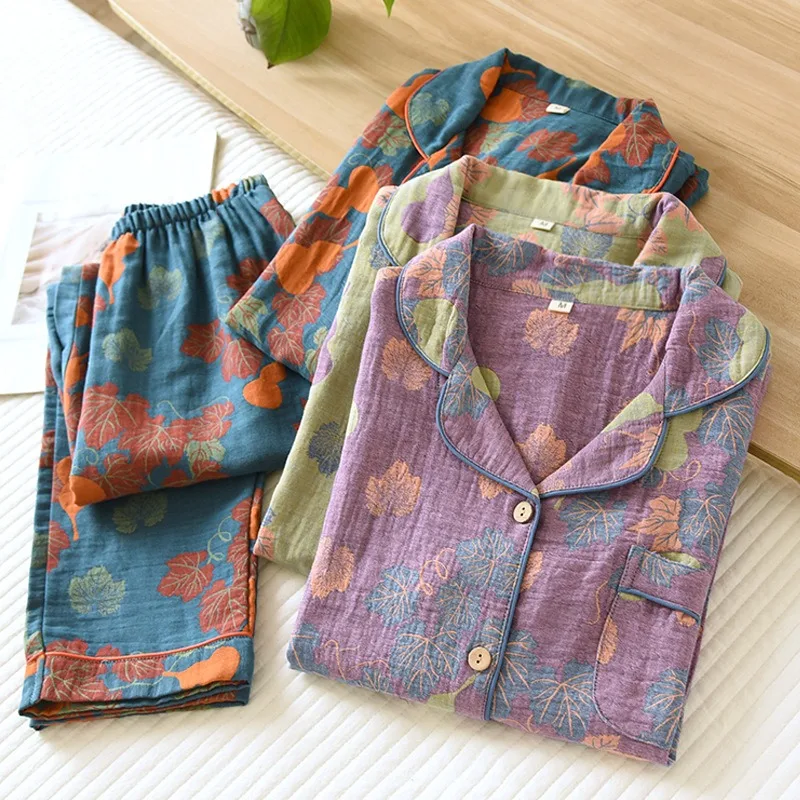 New Spring Autumn Women\'s Lapel Casual Pajamas Set 100% Cotton Crepe Woven Jacquard Vintage Long Sleeve Pants 2 Piece Home Suit