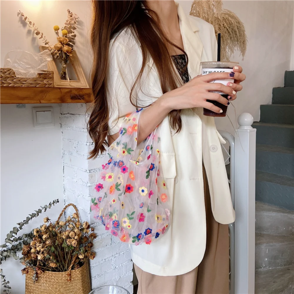 Korean Light Transparent Silk Mesh Handbag Floral Art Mesh Embroidery Large Capacity Tote Bag For Women And Girls Shopping Totes