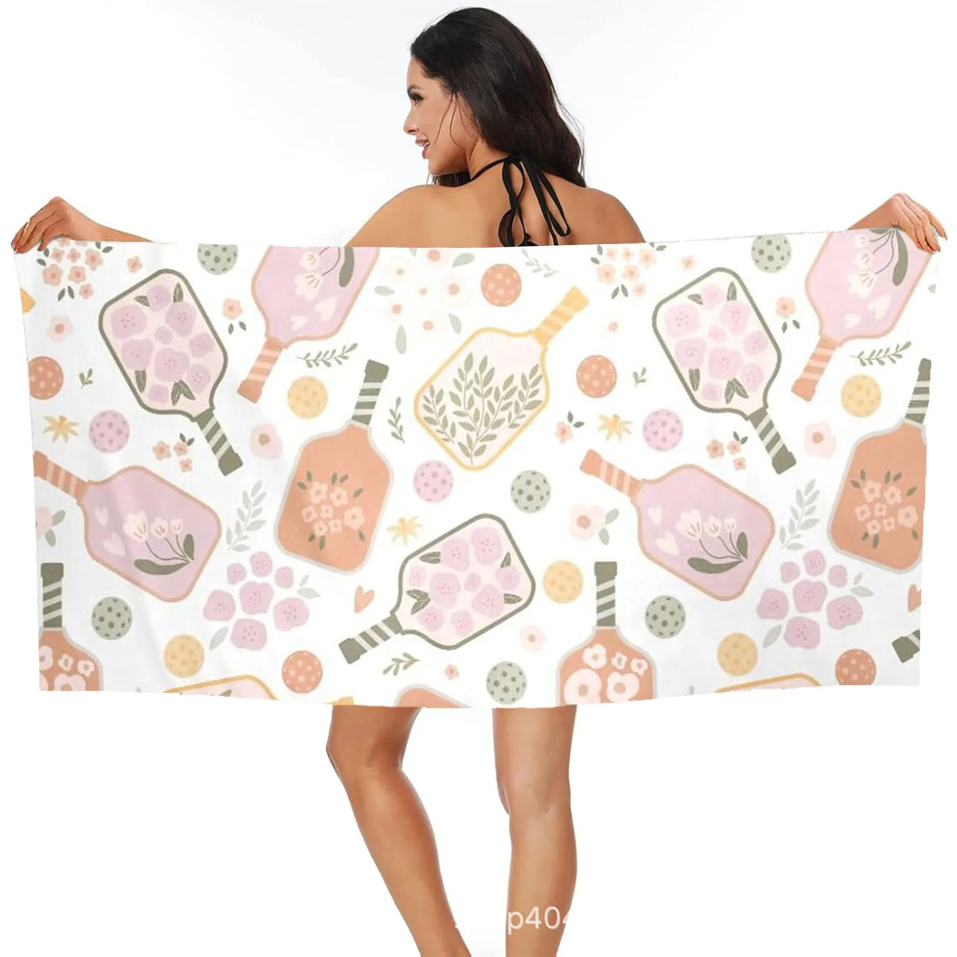 Pastel Floral Pickleball Beach Towel, Cute Boho Paddle Print Quick Dry Microfiber Towel for Women Travel