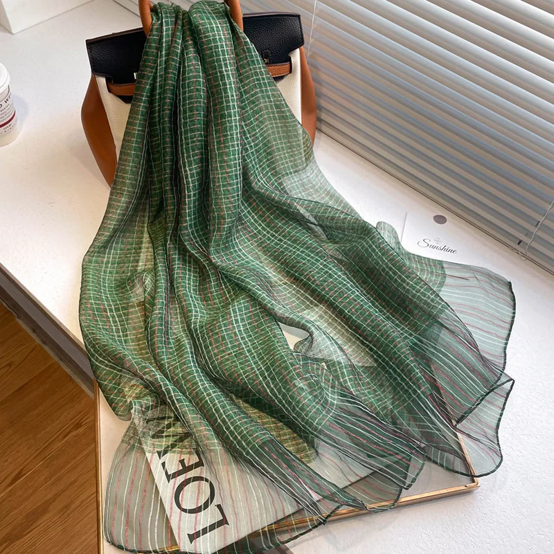 Long Silk Wool Scarf Lattice Metallic Sheer Lightweight Spring Autumn Multifunctional Wrap Shawl for Women Daily Office Travel