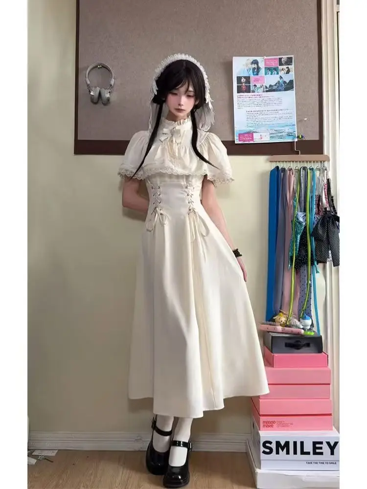 أزياء أنيقة القوس فستان طويل المرأة الصيف فرنسا الحلو الدانتيل يصل فساتين لوليتا الإناث تصميم جديد شيك كيب ريترو ملابس جميلة #2