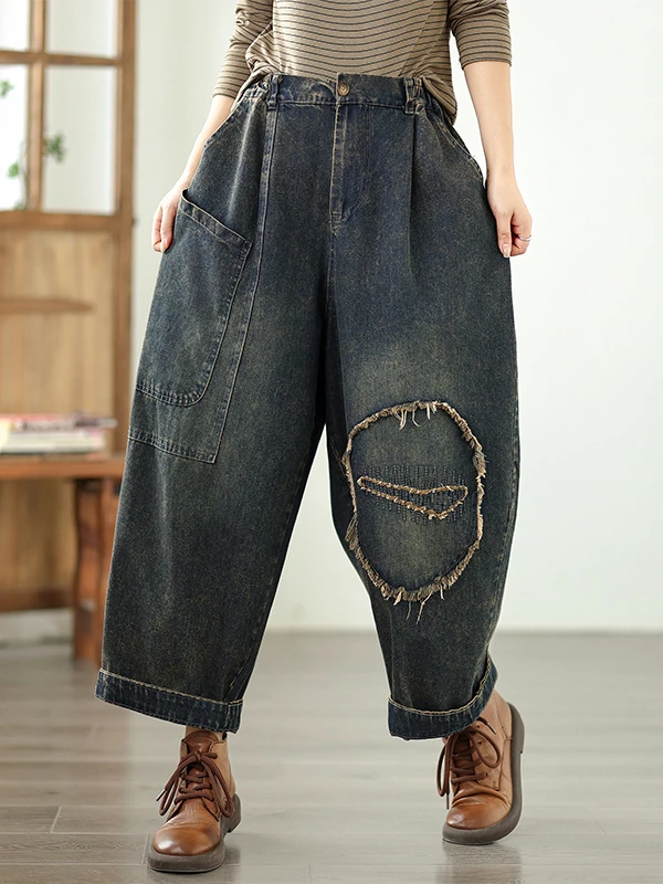 Dames katoenen denim jeans met rechte pijpen, losse pasvorm, casual lantaarnbroek, herfst nieuwe Sle afslankeffect, negen punten jeans