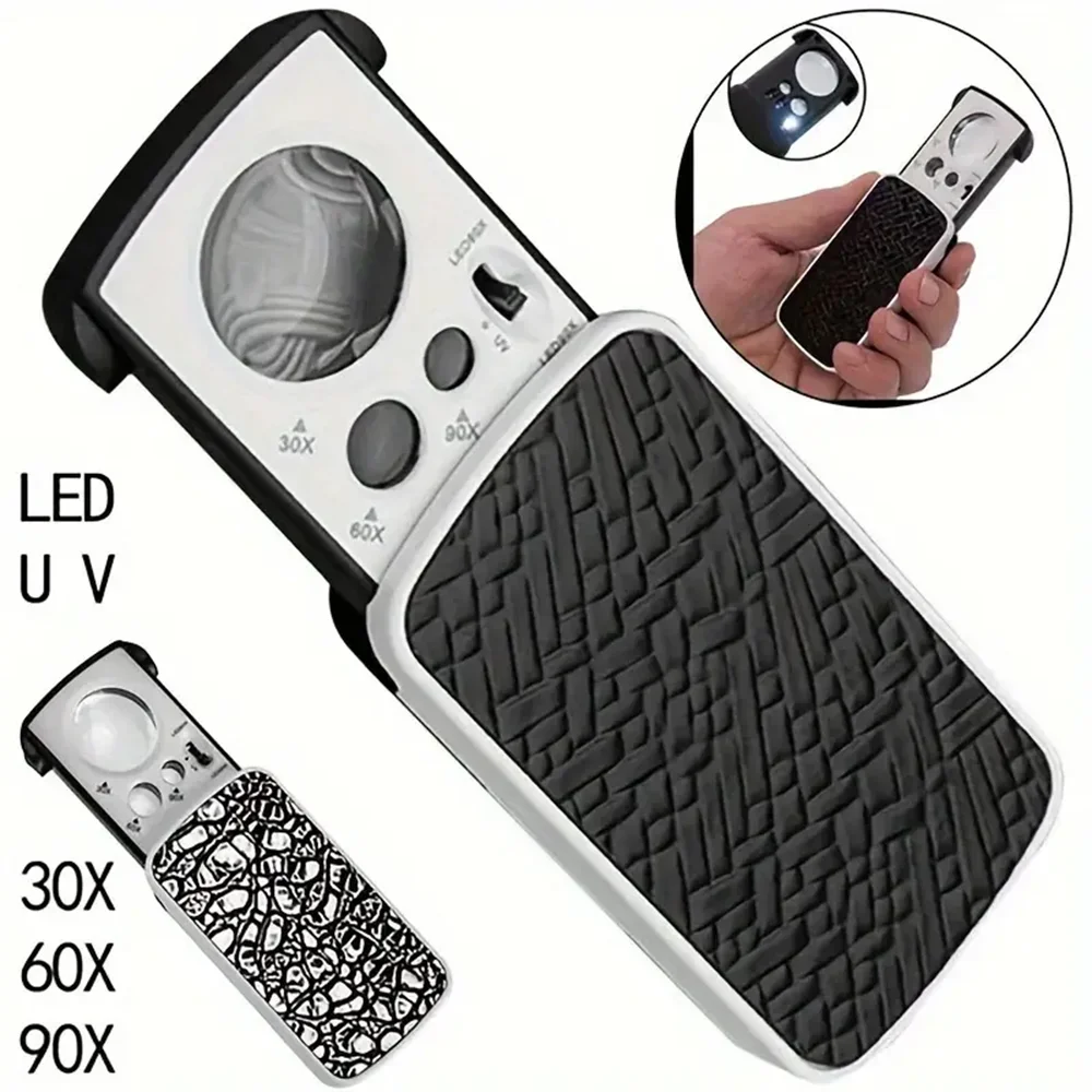 30X-90X Slide-Out LED/UV Magnifier – Portable Triplex Jewelry Loupe for Gemology & Micro-Engraving Precision Work