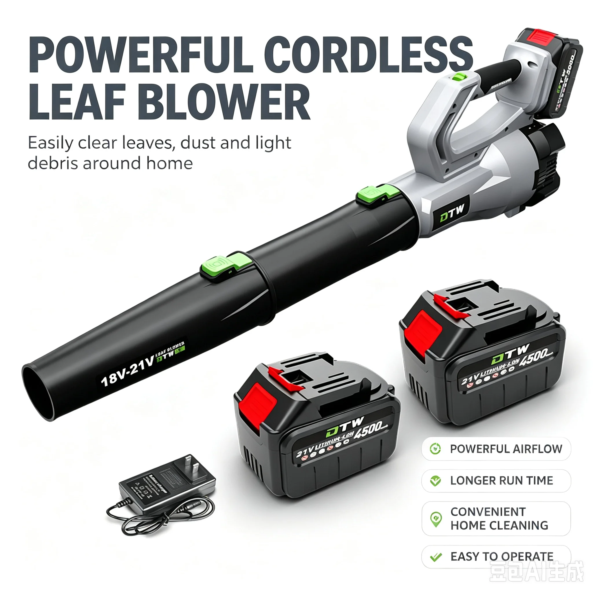 Cordless Leaf Blower 2 Batteries 21V Electric Handheld for Patio Deck Garage Yard Driveway Lawn Garden Porch Daily Cleaning