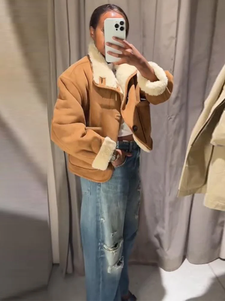 

Single Breasted Pocket Coat Lady 2025 Winter Warm Outerwear Chic Faux Suede & Fur Reversible Jacket For Women Fashion Lapel